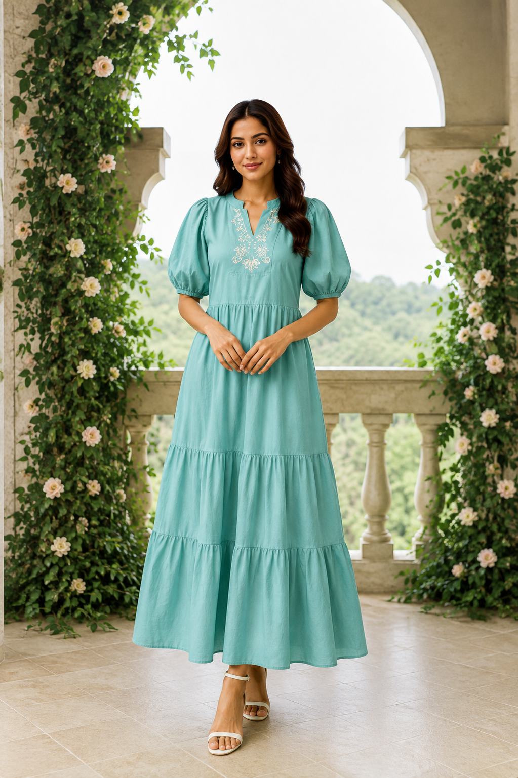 Coral Embroidered Tiered Maxi Dress