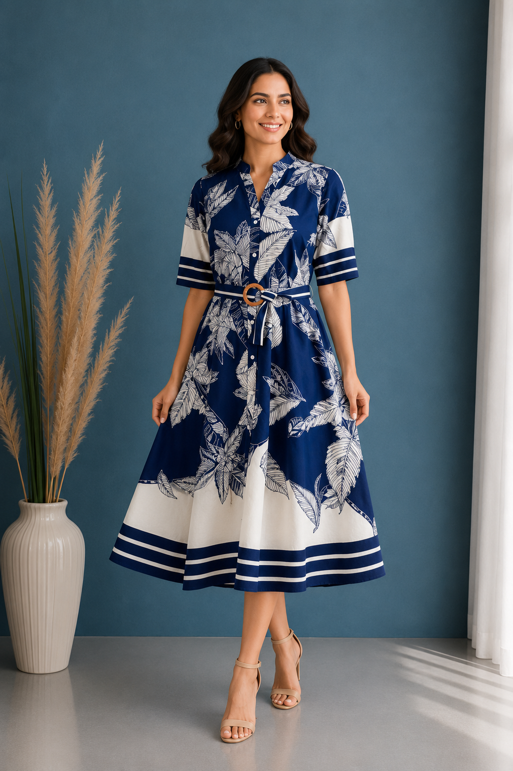 Leaf Print Belted Dress