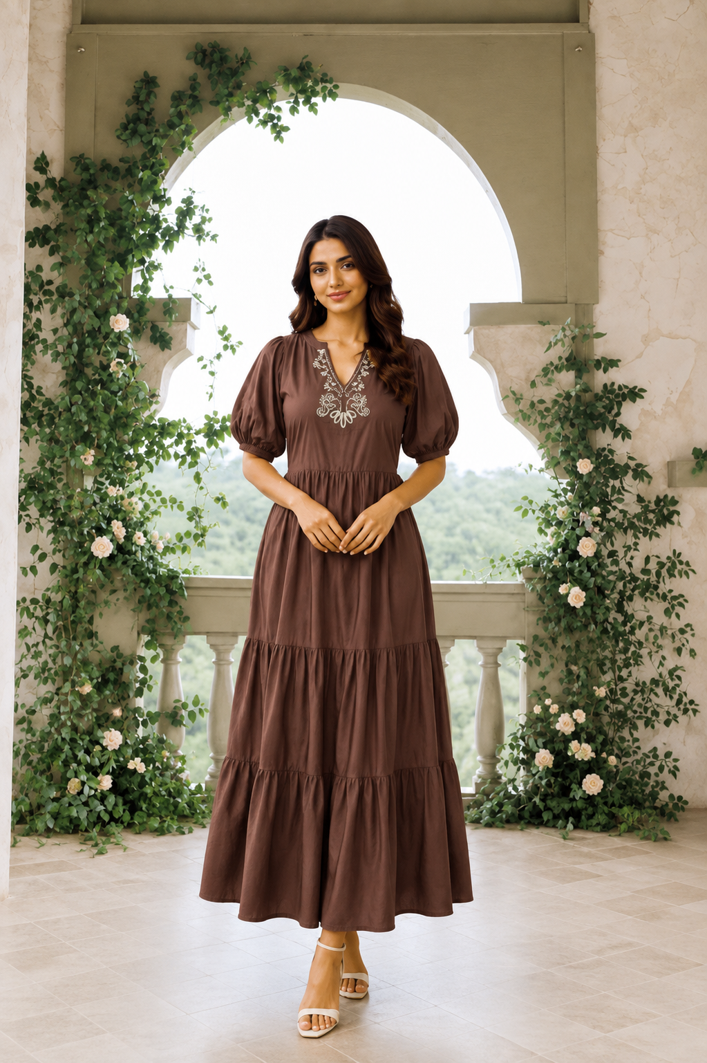 Coral Embroidered Tiered Maxi Dress