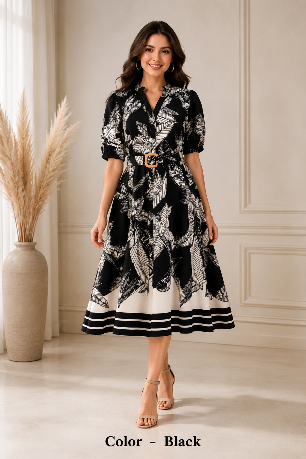 Leaf Print Belted Dress