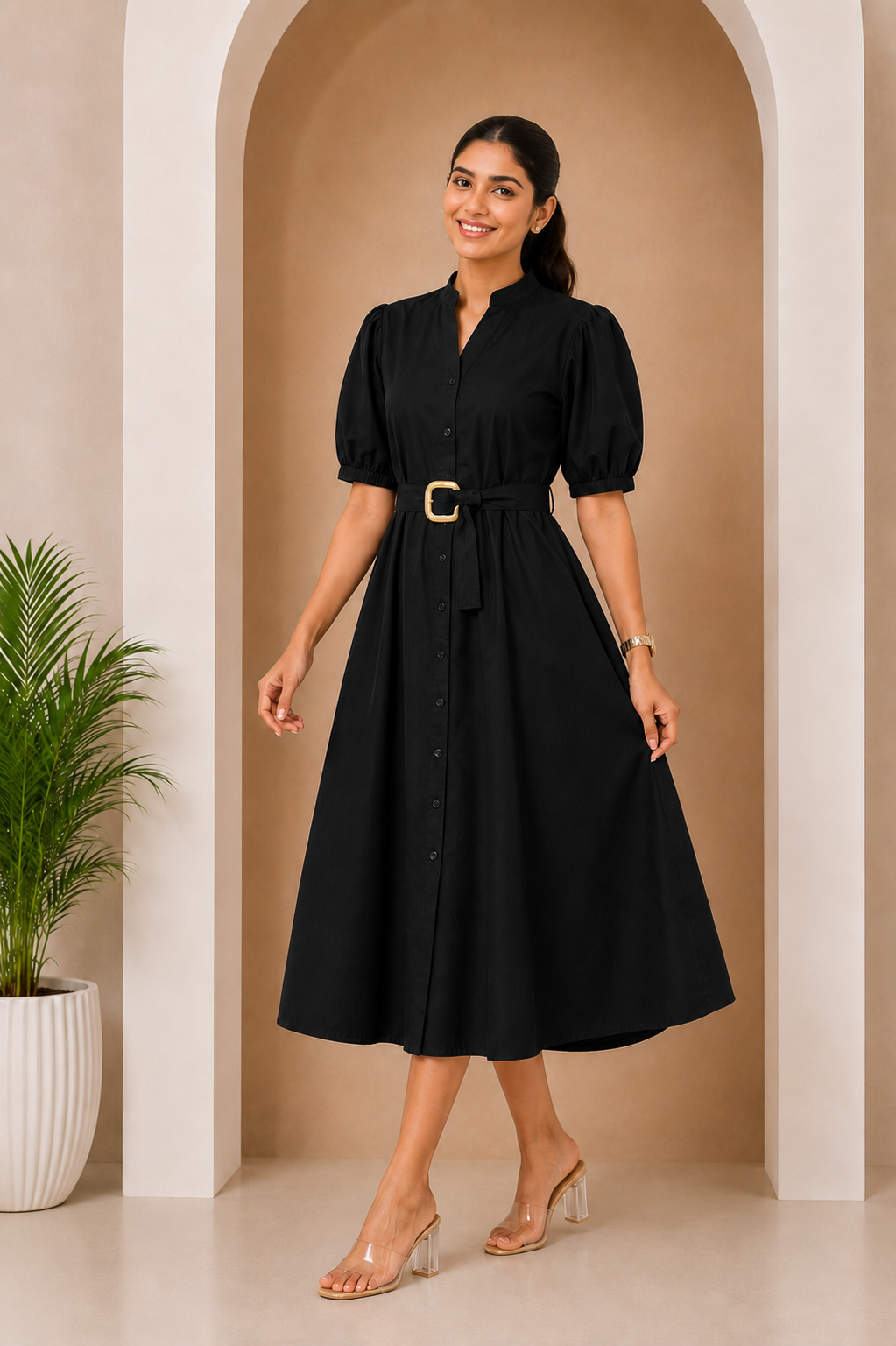 Women's Belted A-Line Midi Shirt Dress