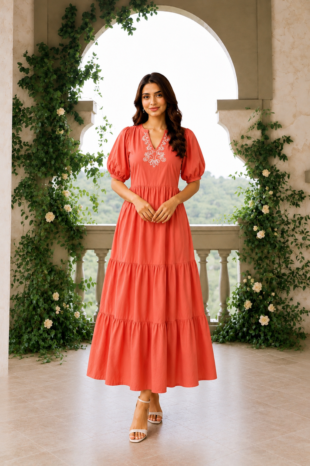 Coral Embroidered Tiered Maxi Dress
