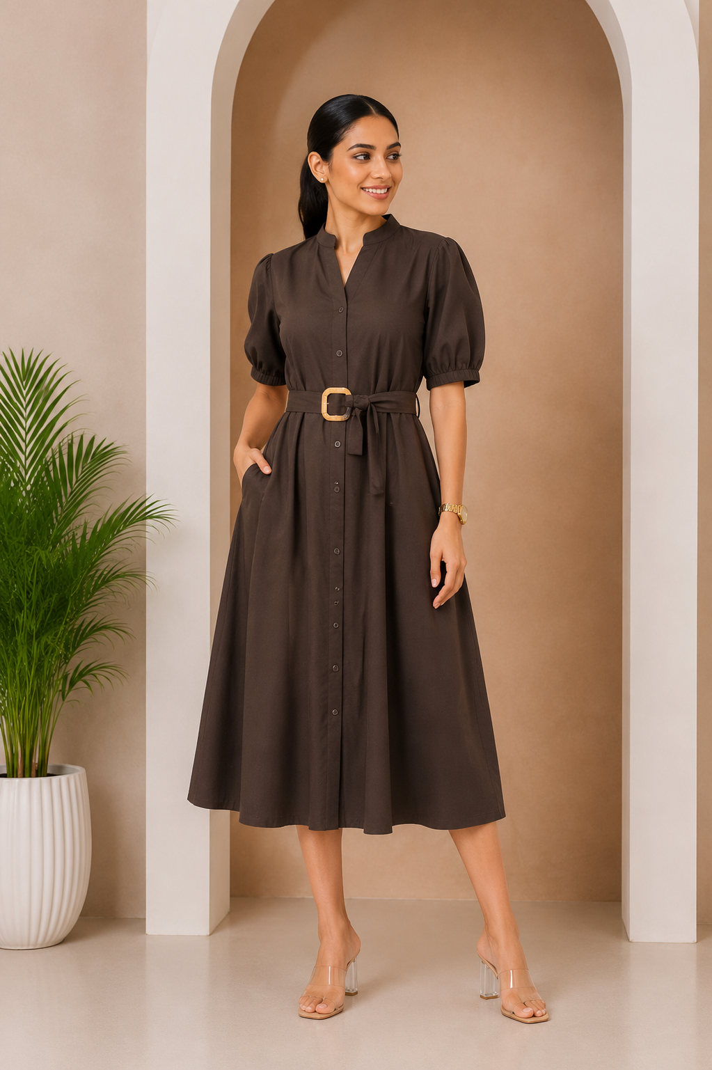 Women's Belted A-Line Midi Shirt Dress