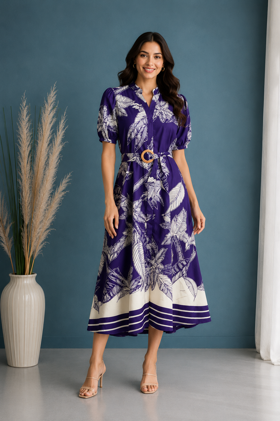 Leaf Print Belted Dress