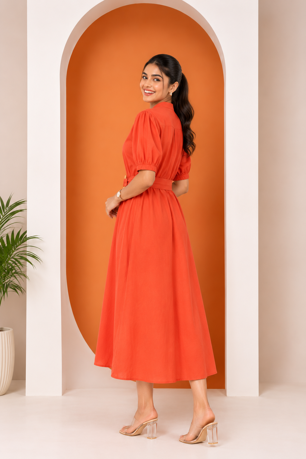 Women's Belted A-Line Midi Shirt Dress