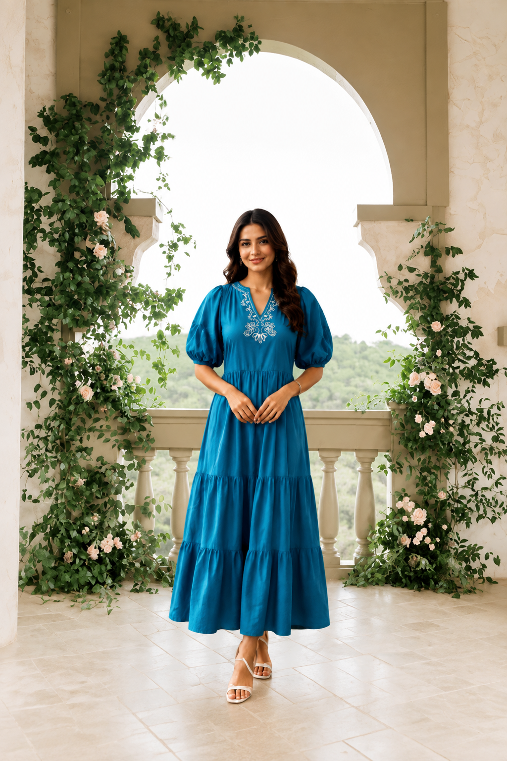 Coral Embroidered Tiered Maxi Dress