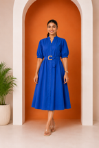Women's Belted A-Line Midi Shirt Dress