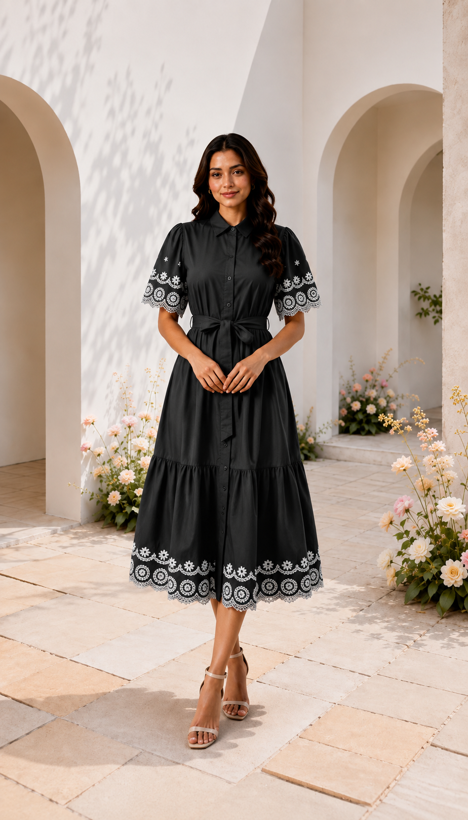 Embroidered Cotton Shirt Midi Dress
