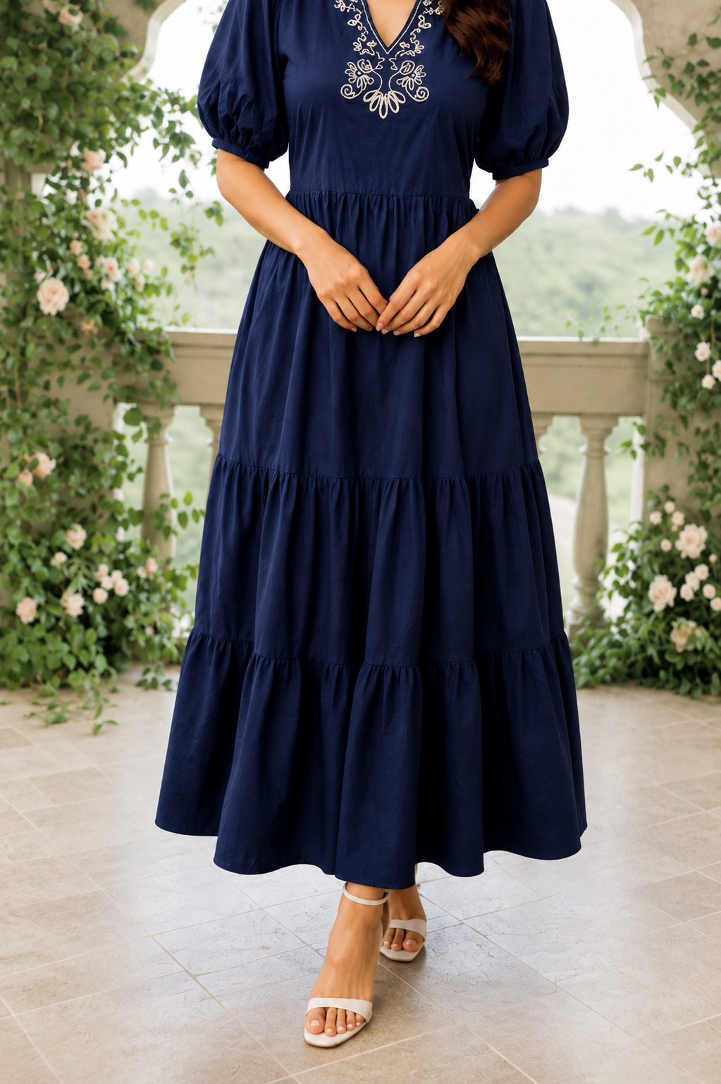 Coral Embroidered Tiered Maxi Dress
