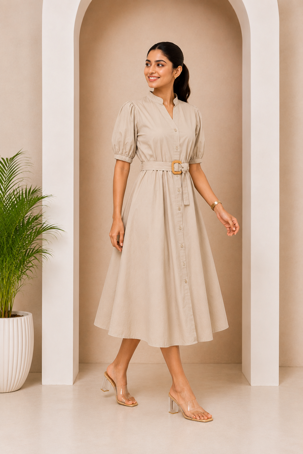 Women's Belted A-Line Midi Shirt Dress