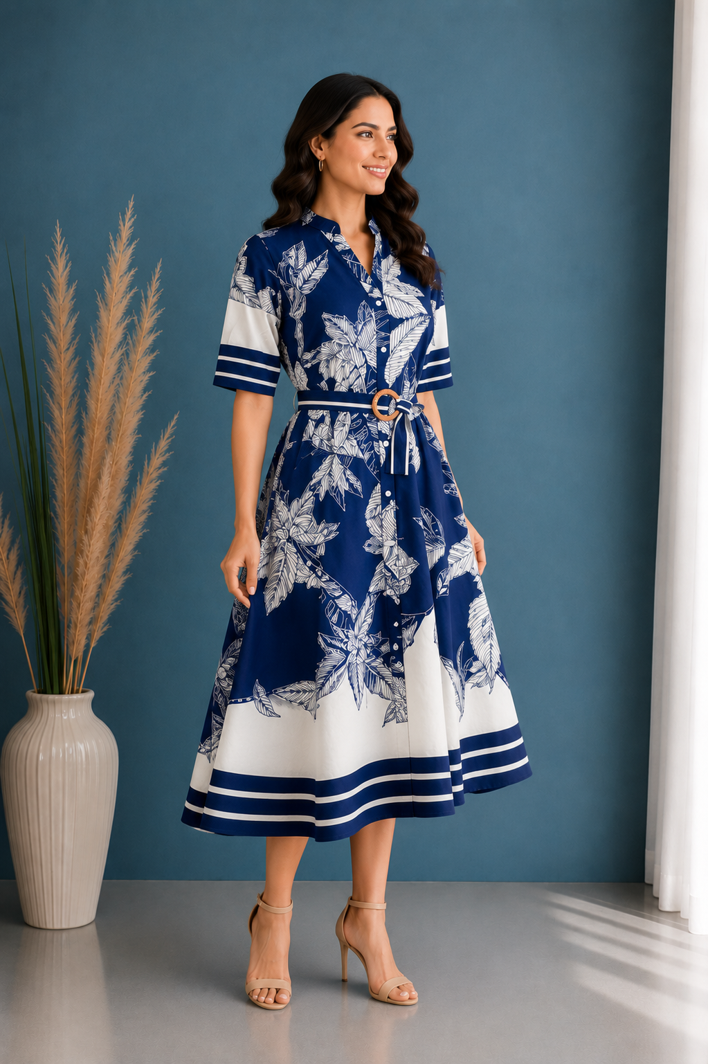 Leaf Print Belted Dress