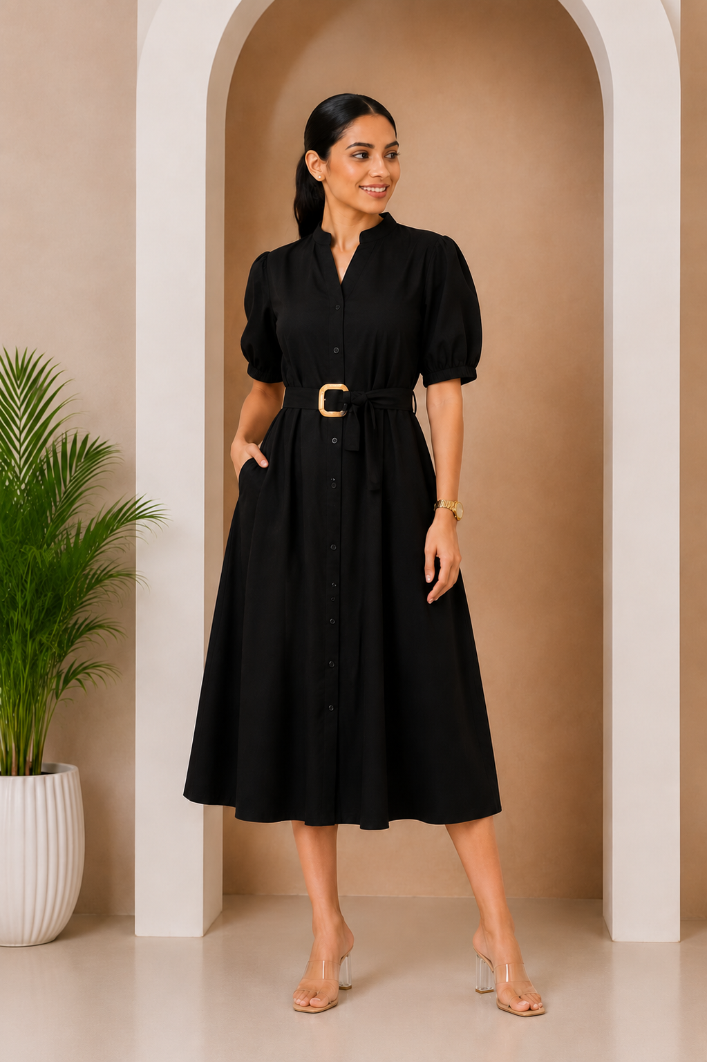 Women's Belted A-Line Midi Shirt Dress