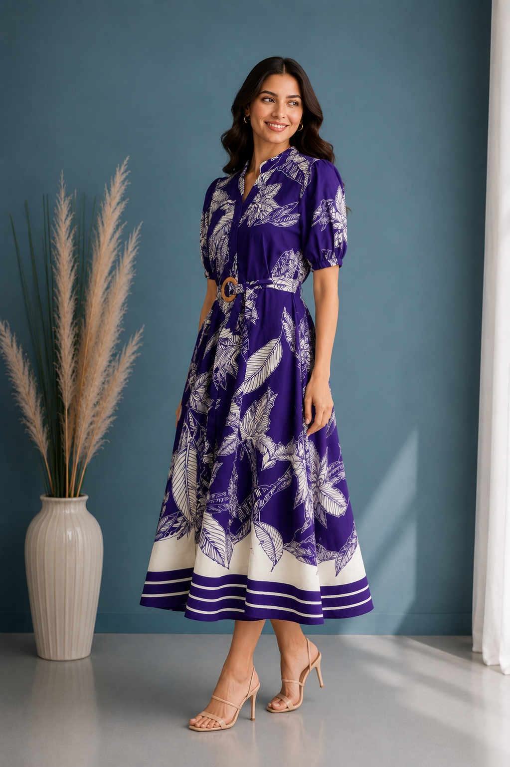 Leaf Print Belted Dress