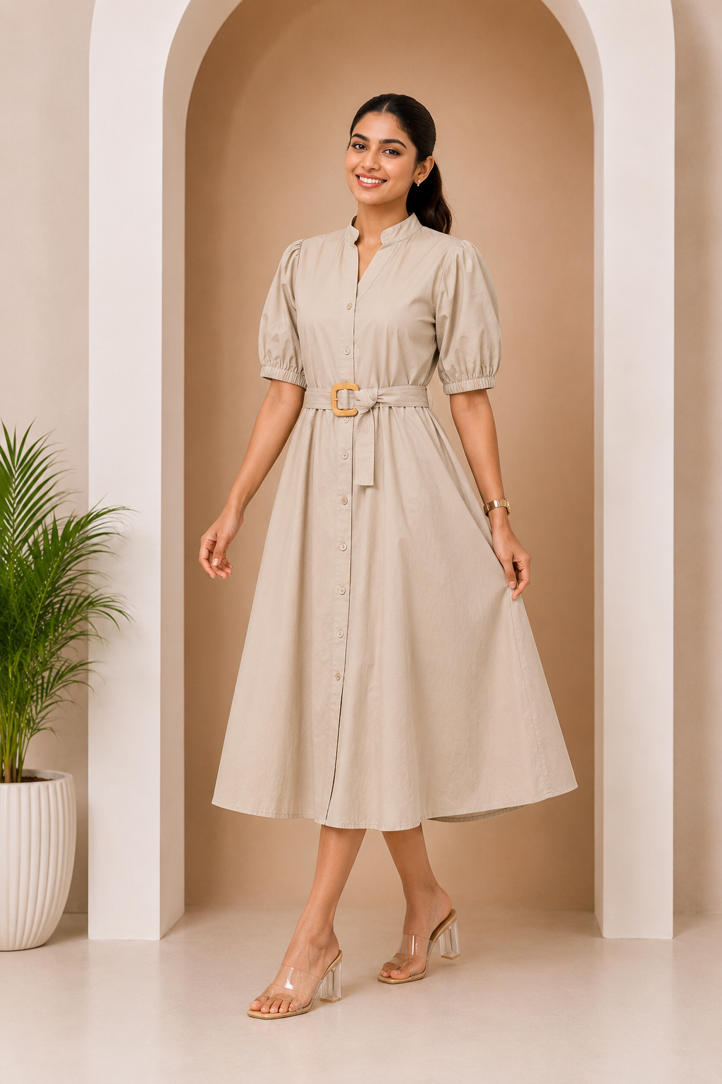 Women's Belted A-Line Midi Shirt Dress