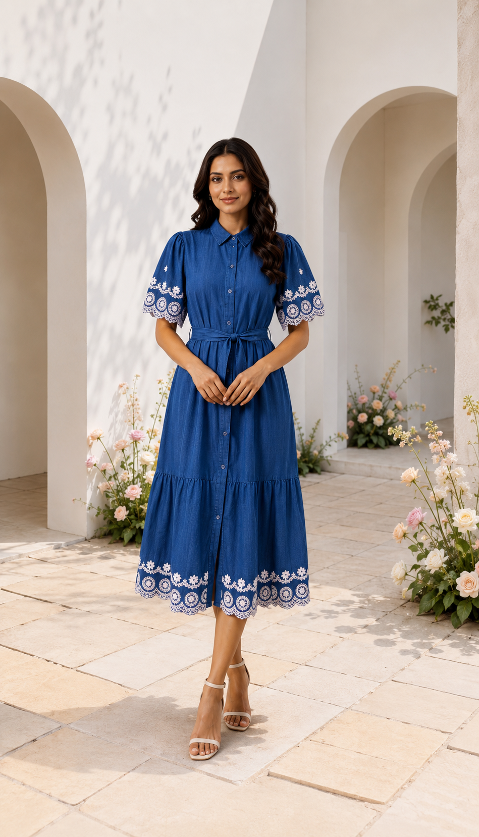 Embroidered Cotton Shirt Midi Dress