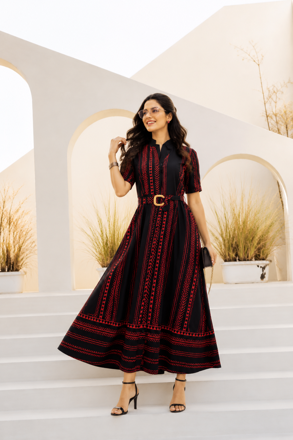 Premium Printed Belted Dress