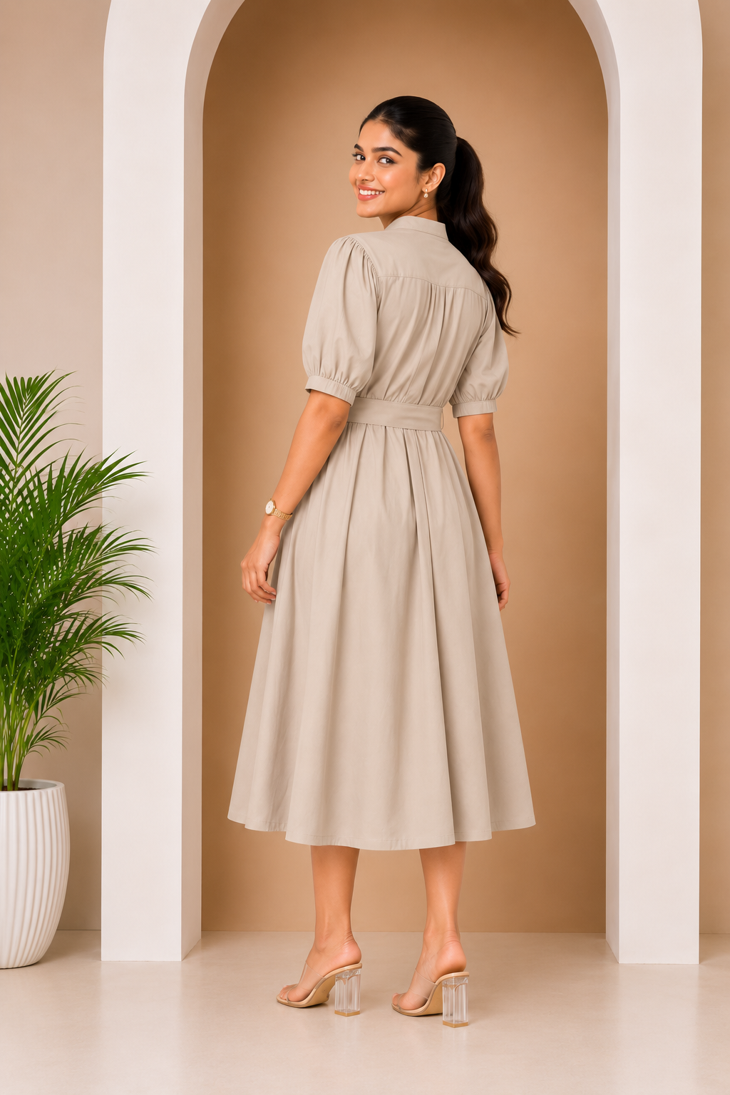 Women's Belted A-Line Midi Shirt Dress