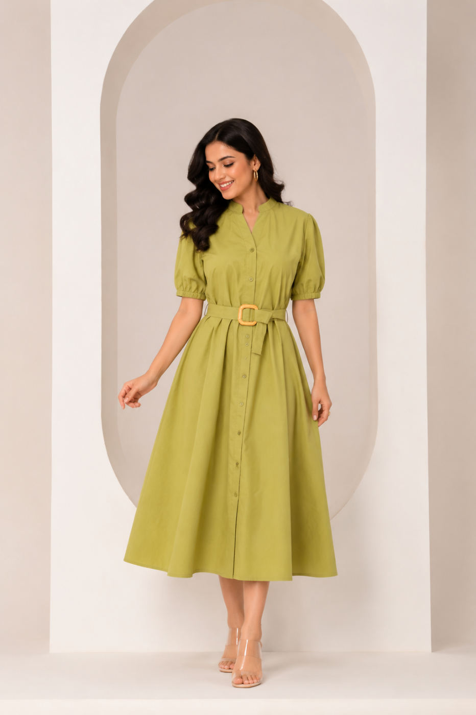 Women's Belted A-Line Midi Shirt Dress