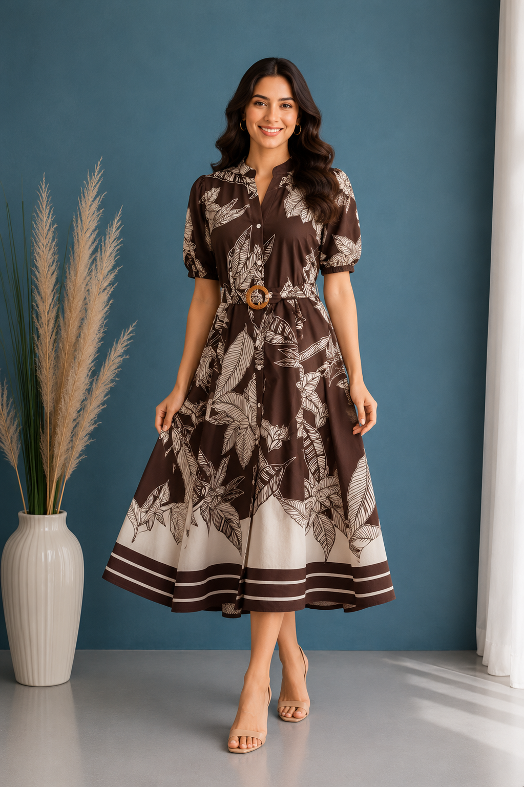 Leaf Print Belted Dress