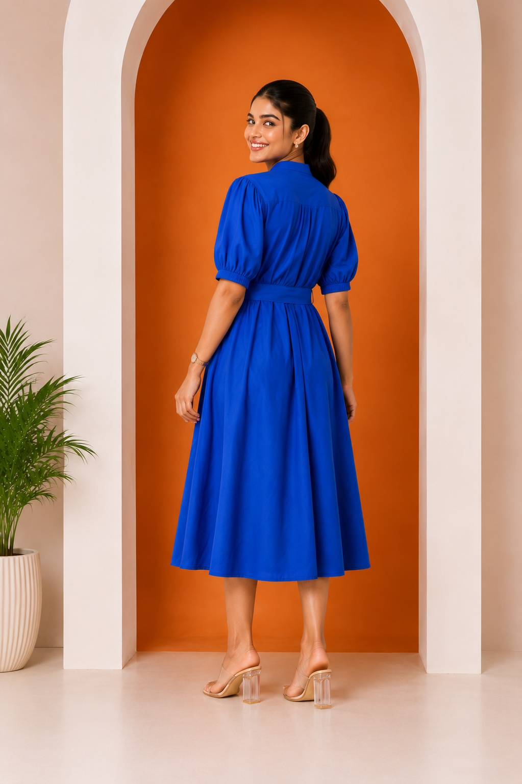 Women's Belted A-Line Midi Shirt Dress