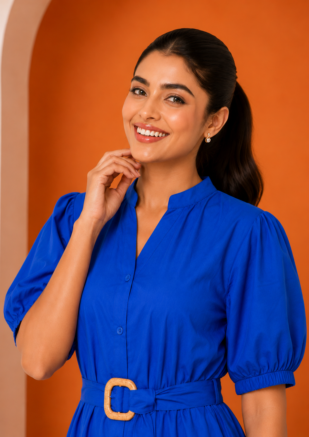 Women's Belted A-Line Midi Shirt Dress