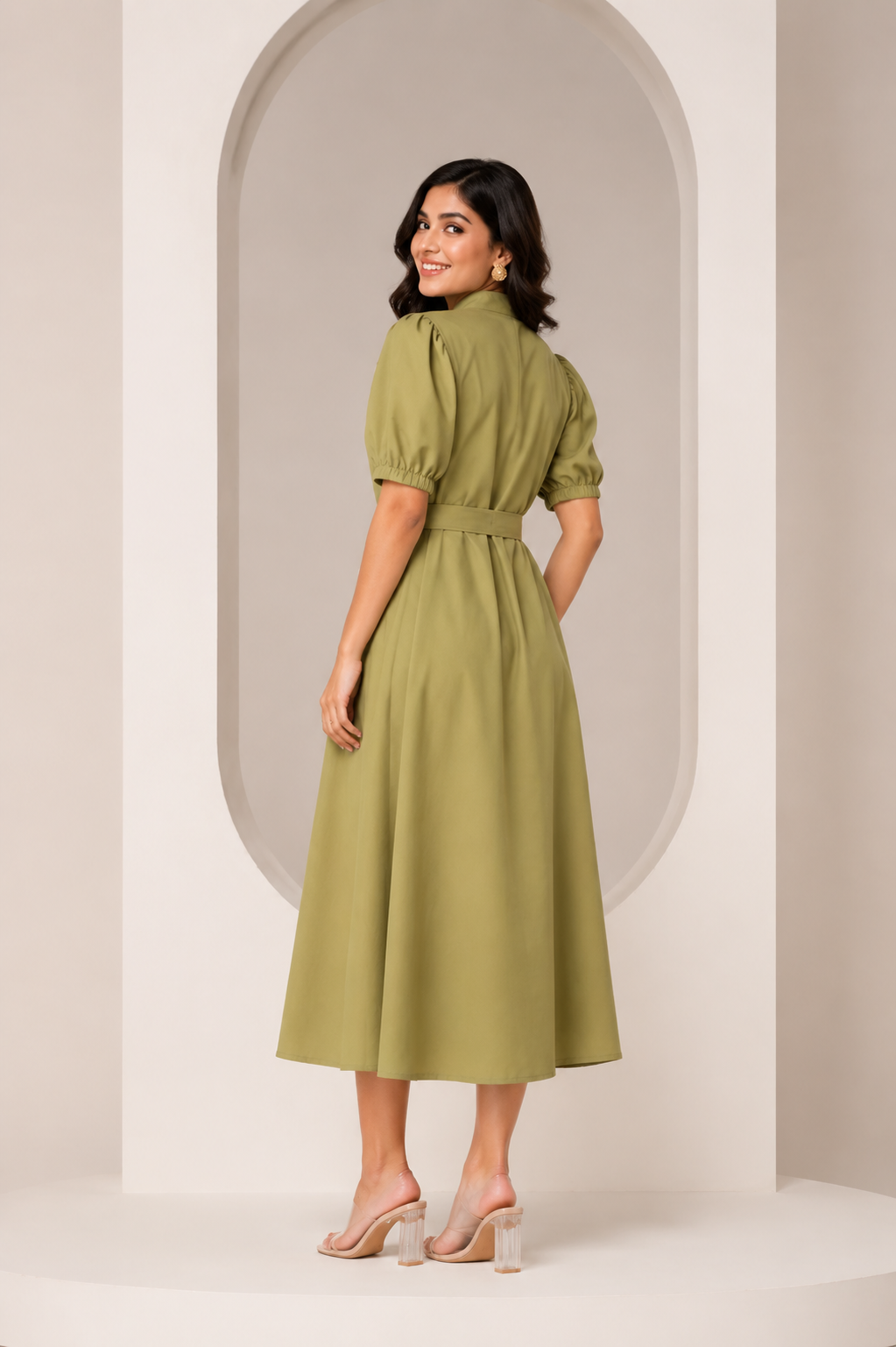 Women's Belted A-Line Midi Shirt Dress