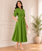 Women's Belted A-Line Midi Shirt Dress