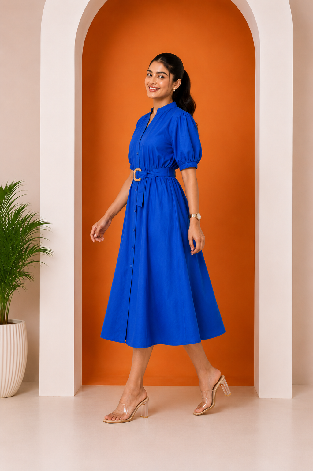 Women's Belted A-Line Midi Shirt Dress