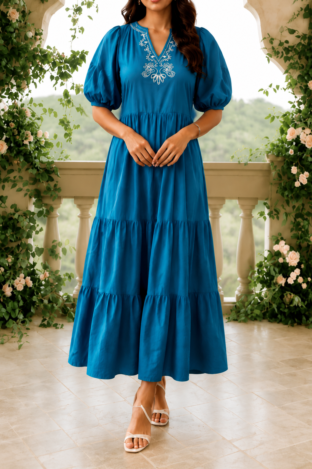 Coral Embroidered Tiered Maxi Dress