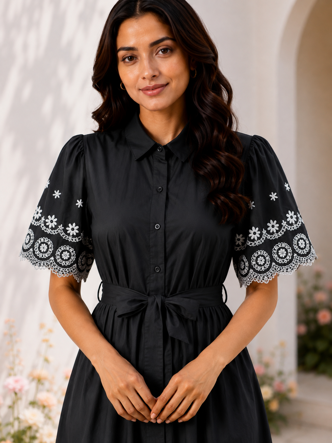 Embroidered Cotton Shirt Midi Dress