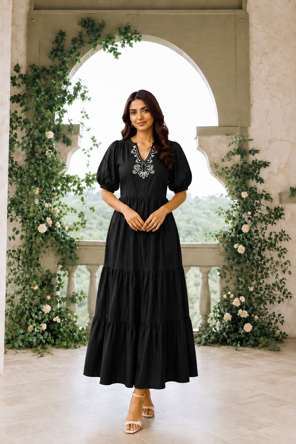 Coral Embroidered Tiered Maxi Dress