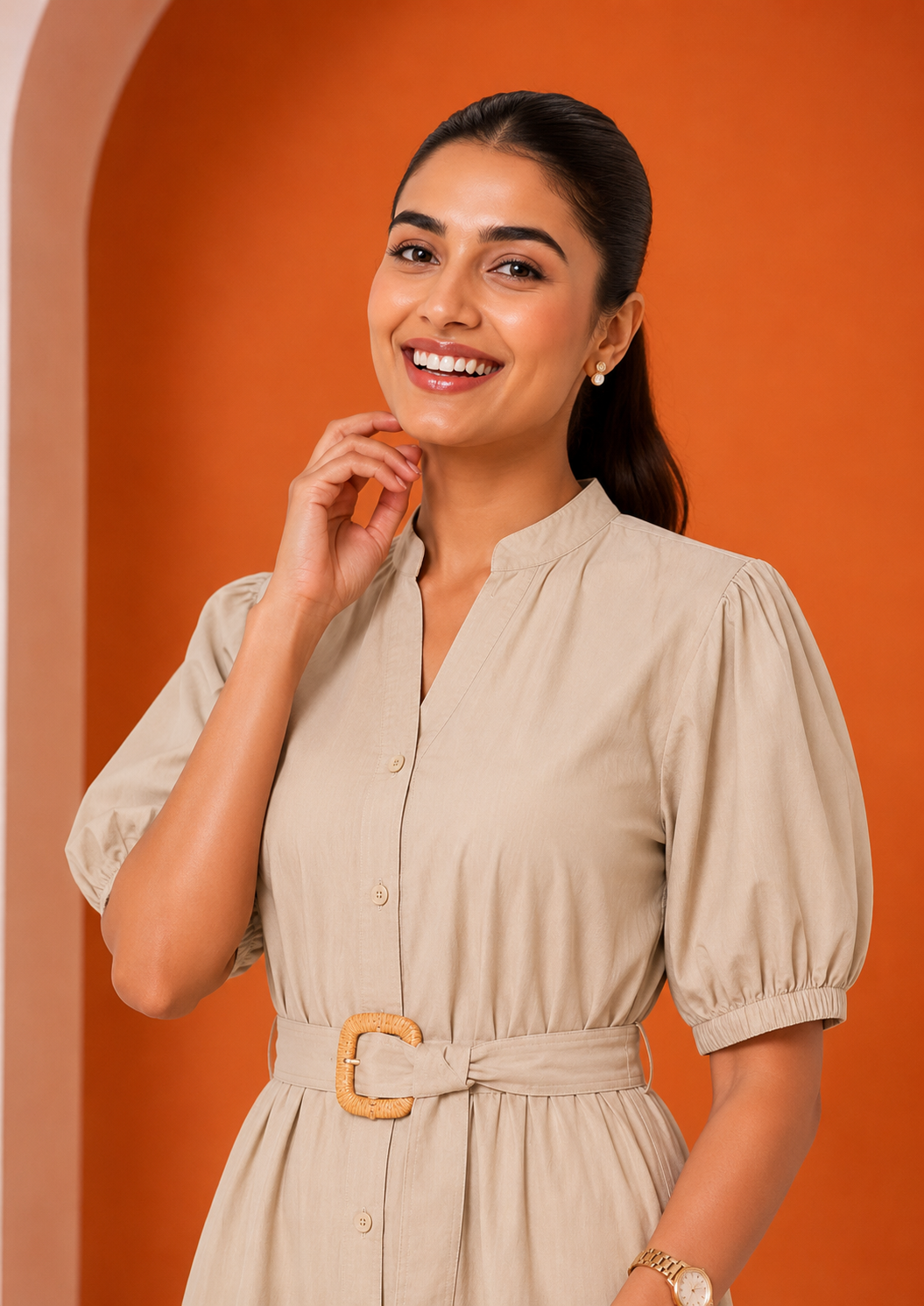 Women's Belted A-Line Midi Shirt Dress