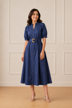 Women's Belted A-Line Midi Shirt Dress