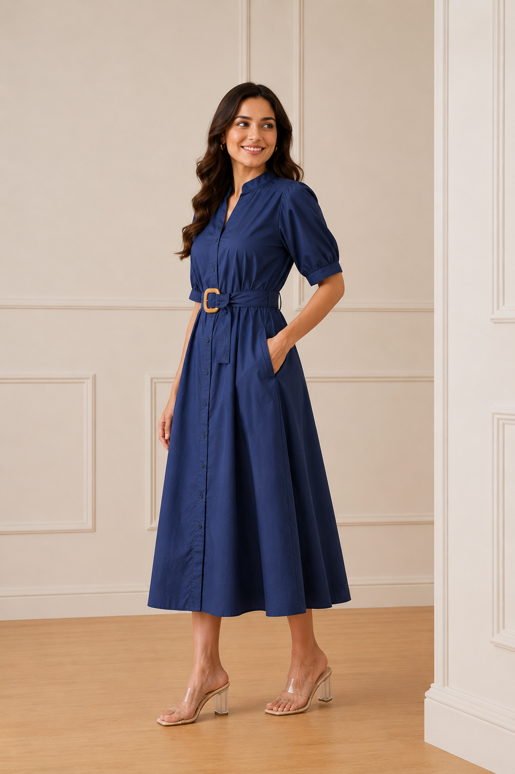 Women's Belted A-Line Midi Shirt Dress