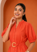 Women's Belted A-Line Midi Shirt Dress