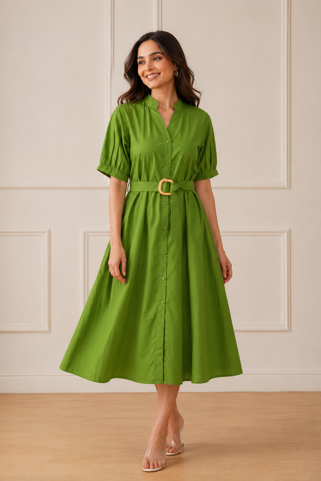 Women's Belted A-Line Midi Shirt Dress