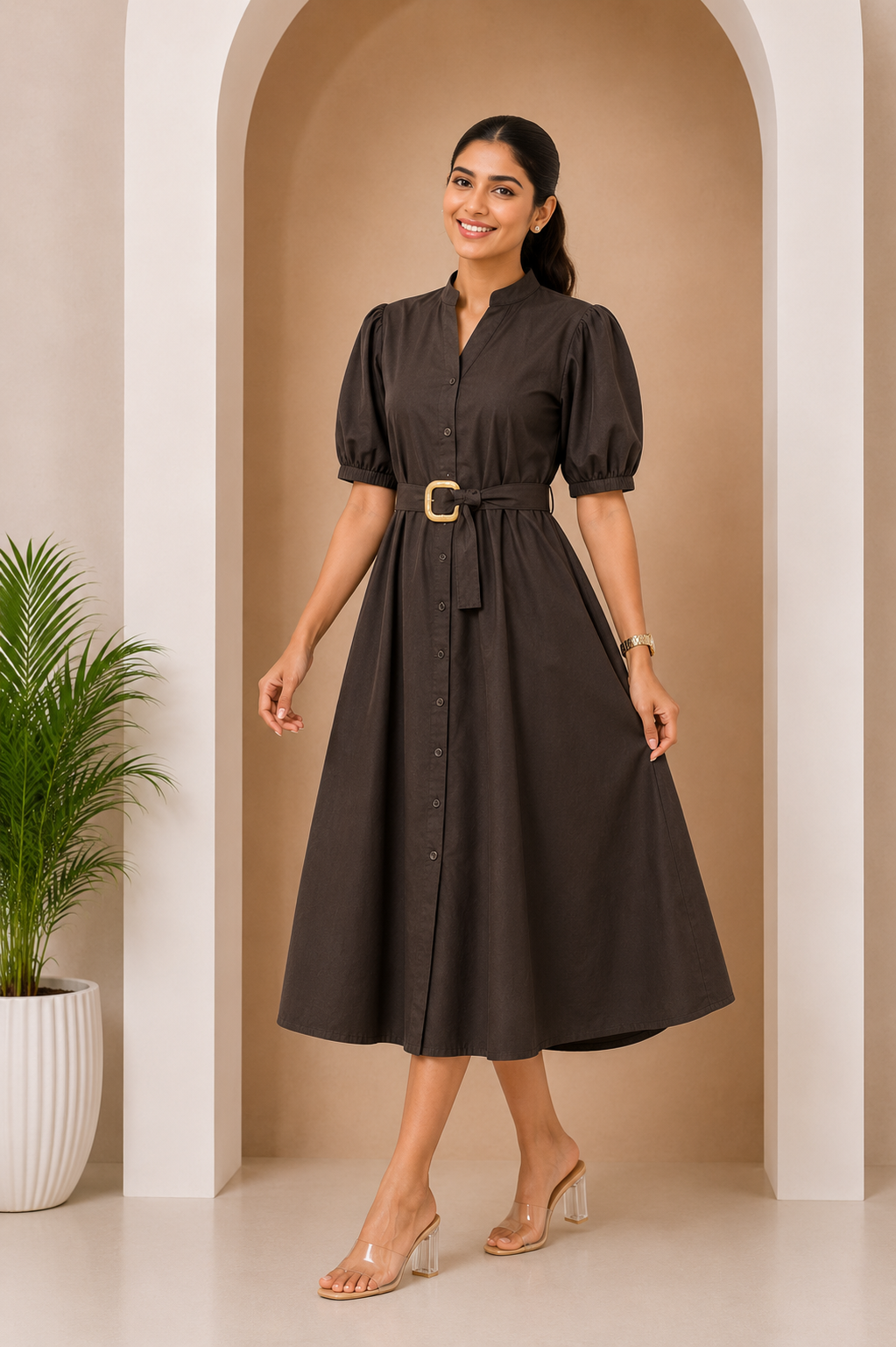 Women's Belted A-Line Midi Shirt Dress
