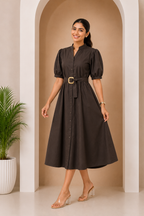 Women's Belted A-Line Midi Shirt Dress