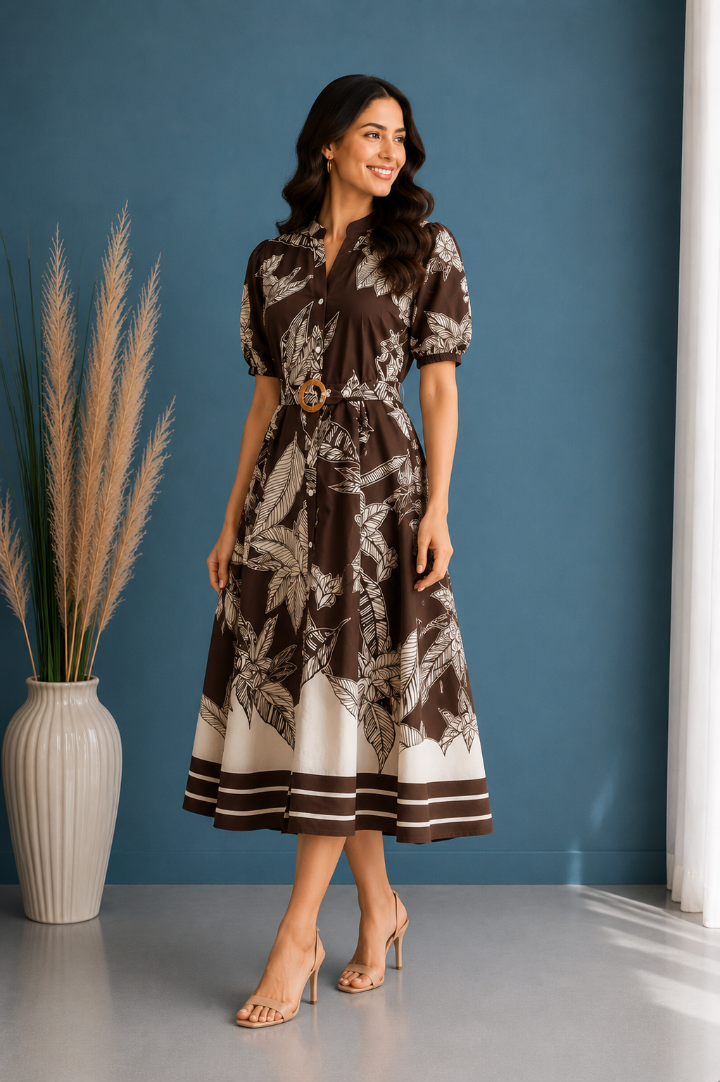 Leaf Print Belted Dress