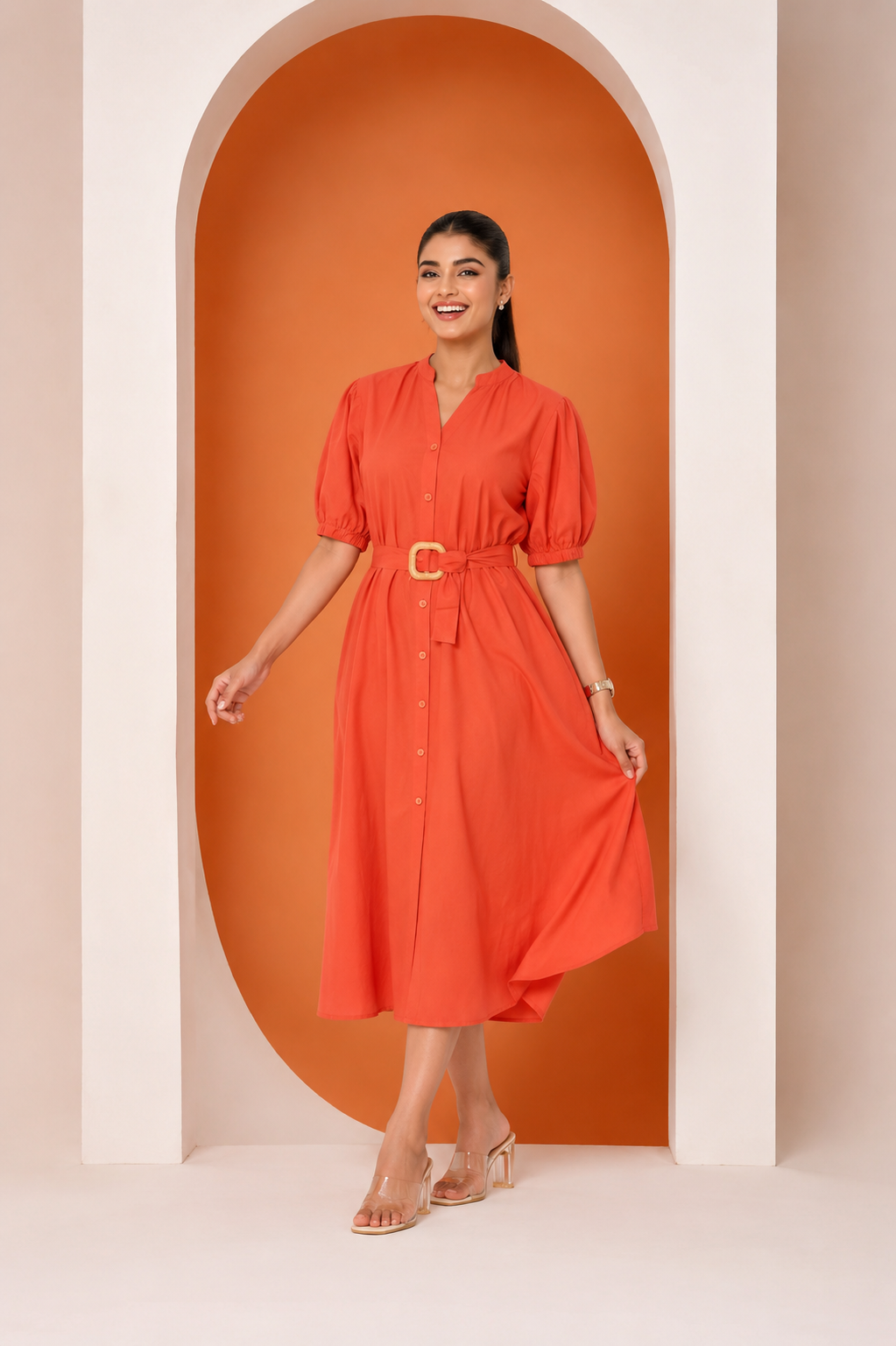 Women's Belted A-Line Midi Shirt Dress