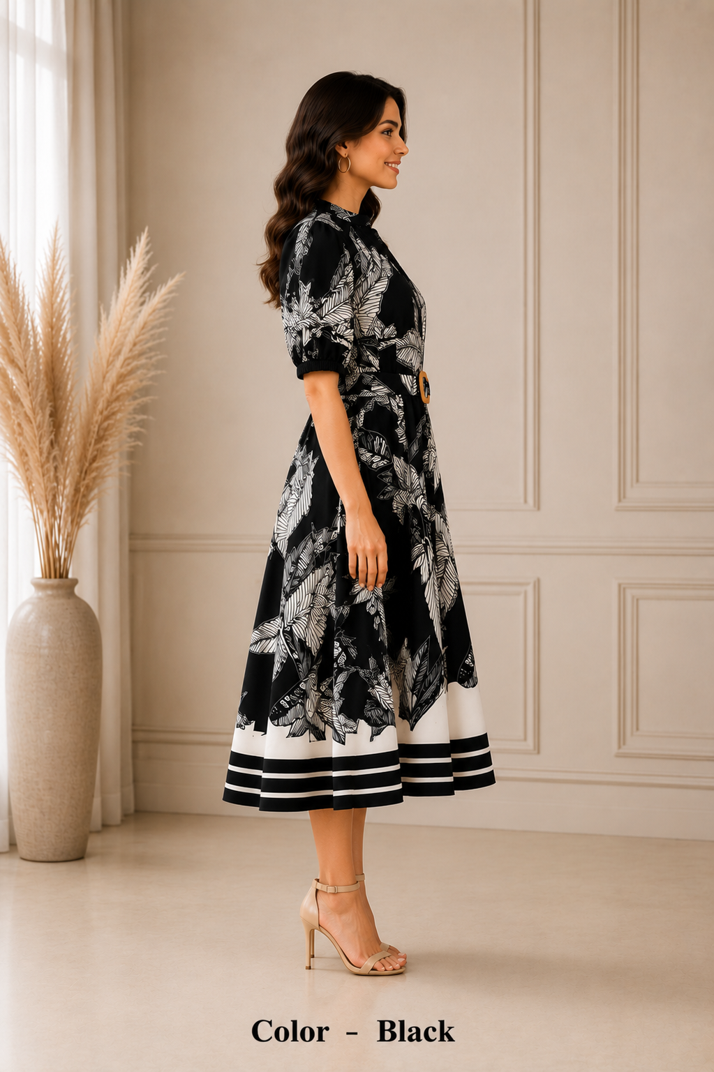 Leaf Print Belted Dress