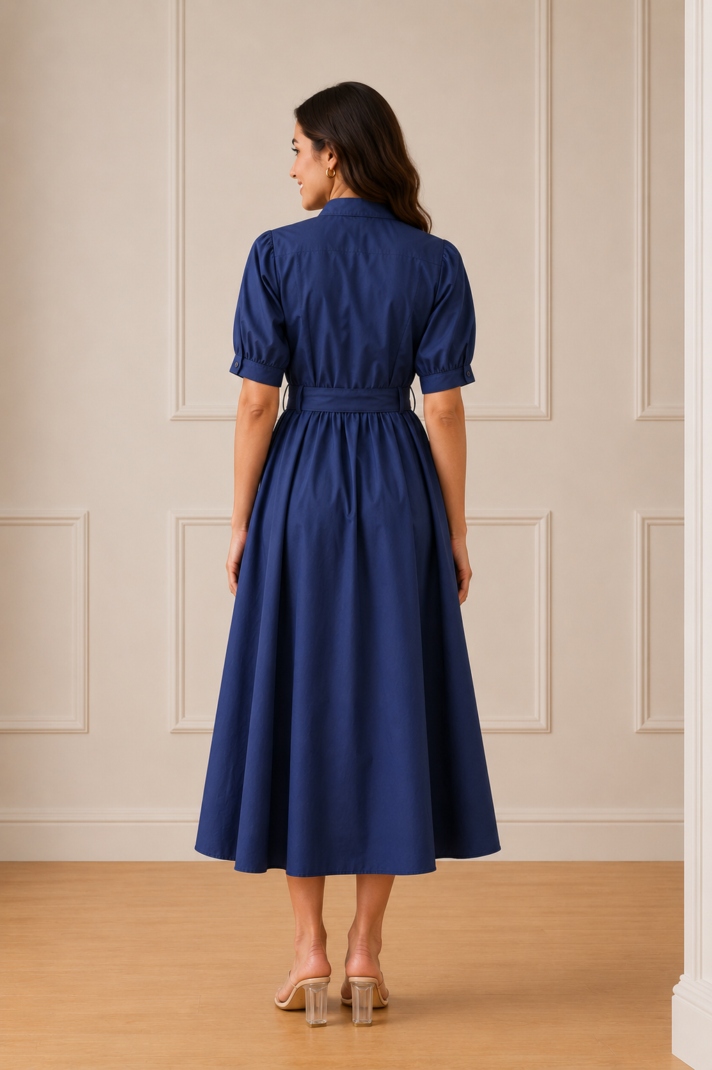 Women's Belted A-Line Midi Shirt Dress