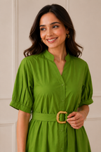 Women's Belted A-Line Midi Shirt Dress