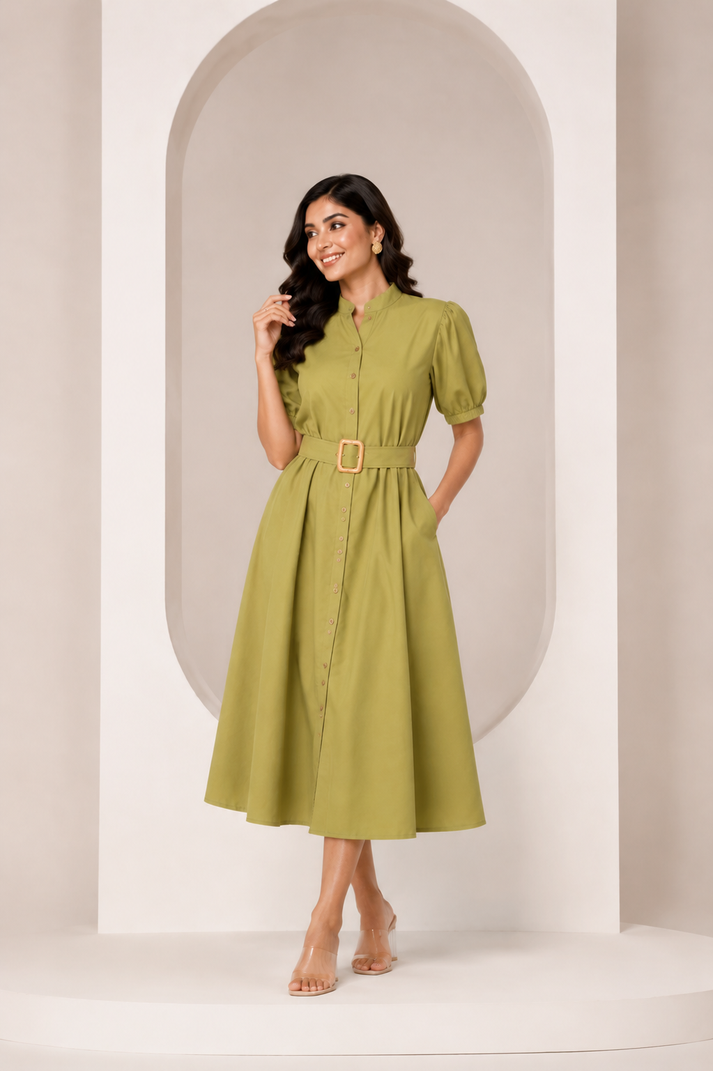 Women's Belted A-Line Midi Shirt Dress